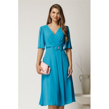 Rochie midi bleu din voal cu fundita in talie
