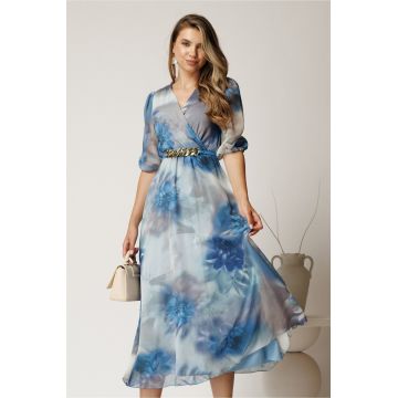 Rochie midi bleu din voal cu imprimeuri si curea in talie
