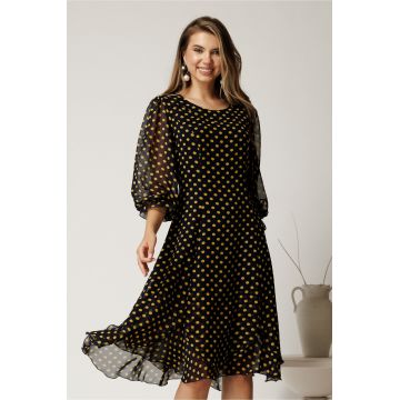 Rochie midi bleumarin cu buline galbene din voal cu croi in clini
