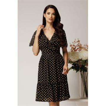 Rochie midi bleumarin din voal cu buline galbene si volane