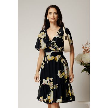 Rochie midi bleumarin din voal cu flori galbene si volane