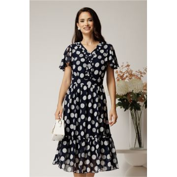 Rochie midi bleumarin din voal in clos cu buline si volanase