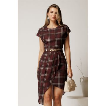Rochie midi bordo din jerse cu carouri si curea in talie