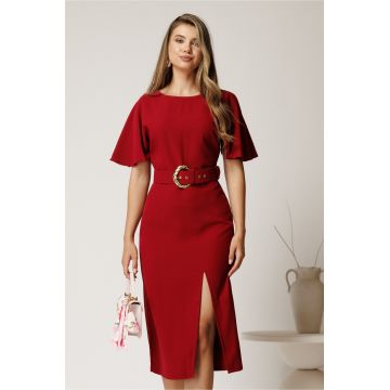 Rochie midi bordo din stofa cu croi conic si curea in talie