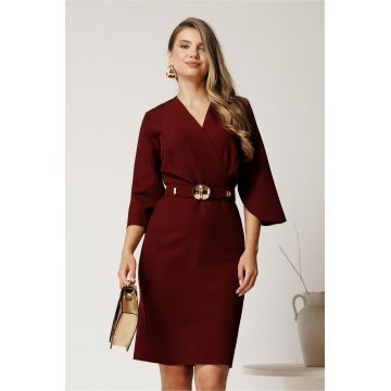Rochie midi bordo din stofa cu maneci tip lalea si curea in talie
