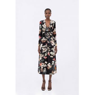 Rochie midi cu imprimeu si aplicatii floare