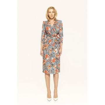 Rochie midi cu model floral si decolteu in V