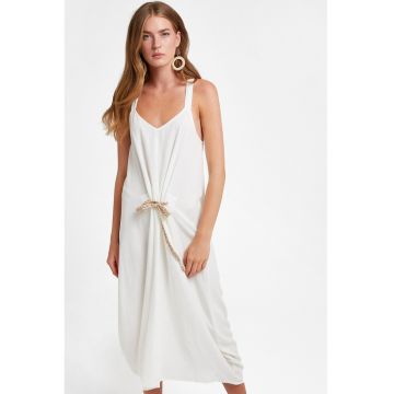 Rochie midi din amestec de in cu decolteu in V