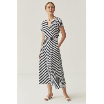 Rochie midi din amestec de modal cu croiala in A - model in dungi si decolteu in V