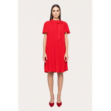 Rochie midi din sifon cu pliuri si detaliu funda