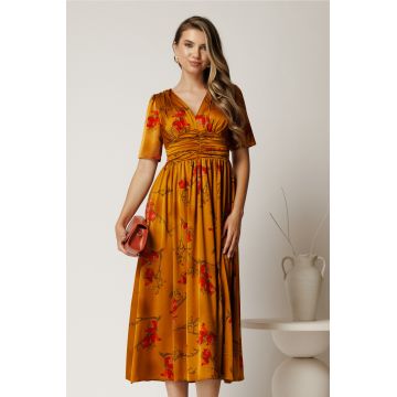 Rochie midi galben mustar din satin cu talie marcata