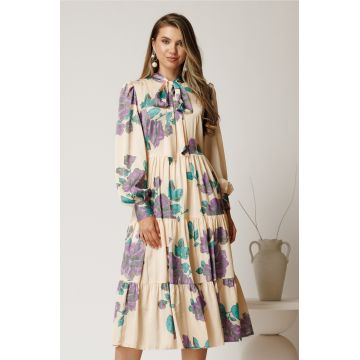 Rochie midi ivory cu imprimeu mov din voal satinat in clos