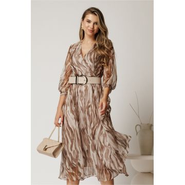 Rochie midi ivory din voal cu zebra print maro si curea in talie