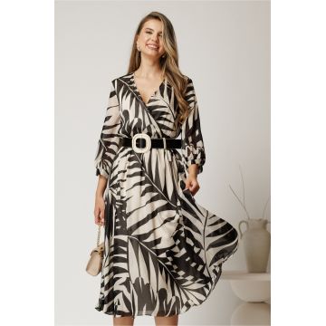 Rochie midi ivory din voal in clos cu imprimeu negru si curea in talie