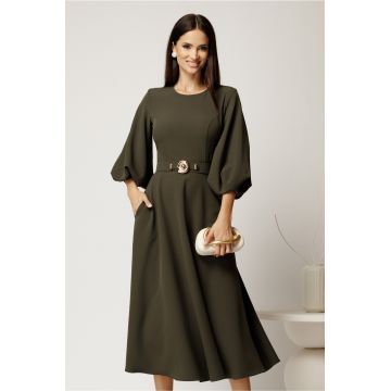 Rochie midi kaki din crep in clos cu maneci bufante si curea in talie