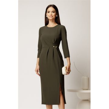 Rochie midi kaki din stofa conica cu pense si accesoriu in talie