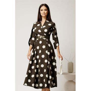 Rochie midi kaki din stofa in clos cu buline mari si curea in talie