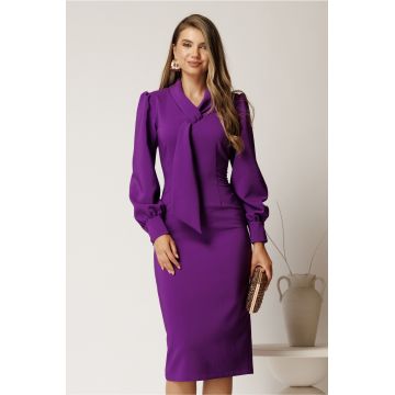 Rochie midi mov conica din stofa cu guler tip esarfa