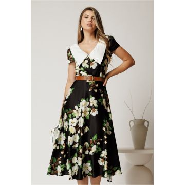 Rochie midi neagra din satin cu imprimeuri florale si curea in talie