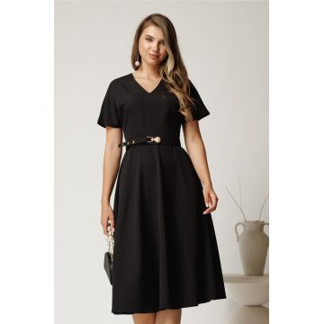 Rochie midi neagra din stofa subtire cu croi clos si curea in talie