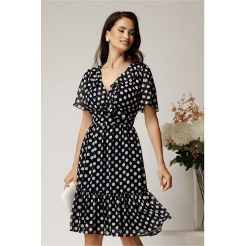 Rochie midi neagra din voal cu buline albe si volane