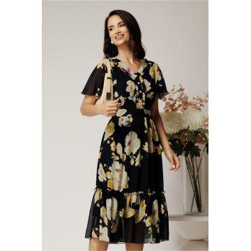 Rochie midi neagra din voal cu imprimeuri florale galbene in clos cu volanase