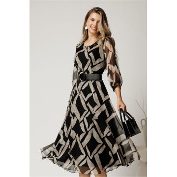Rochie midi neagra din voal in clos cu imprimeu gri si curea in talie