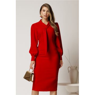 Rochie midi rosie conica din stofa cu guler tip esarfa