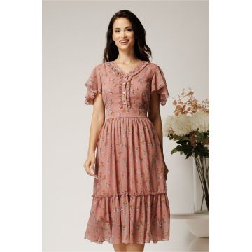 Rochie midi roz din voal cu imprimeuri florale albastre in clos cu volanase