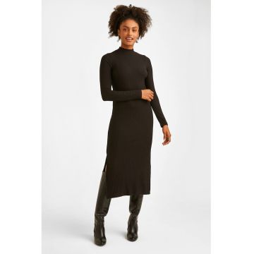 Rochie midi striata cu maneci lungi si slituri laterale