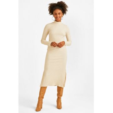 Rochie midi striata cu maneci lungi si slituri laterale