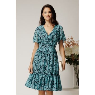 Rochie midi turcoaz din voal cu imprimeu si volane