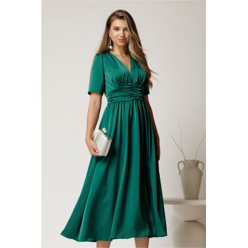 Rochie midi verde din satin cu talie marcata