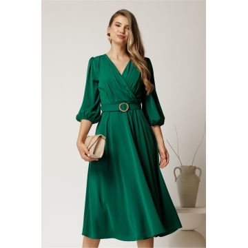 Rochie midi verde din triplu voal cu pliuri la bust si curea in talie