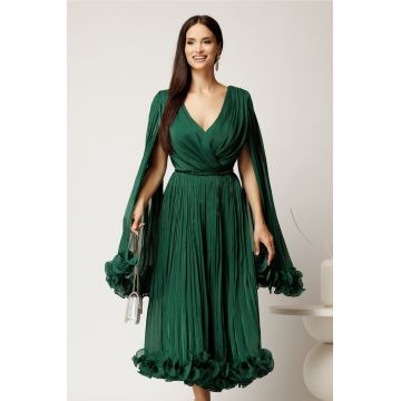 Rochie midi verde din voal satinat in clos cu maneci ample si curea din strasuri in talie