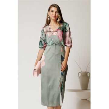 Rochie midi verde mint conica din satin cu imprimeuri floral roz