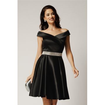 Rochie Nova scurta neagra din tafta in clos cu strasuri in talie