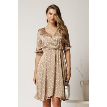 Rochie scurta bej din satin cu buline
