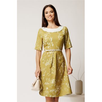 Rochie scurta galben mustar din triplu voal cu imprimeu alb si curea in talie
