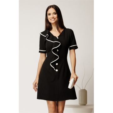 Rochie scurta neagra din bumbac cu croi cambrat, nasturi decorativi si volan