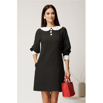 Rochie scurta neagra din stofa cu buline si guler alb