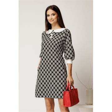Rochie scurta neagra din stofa cu imprimeu geometric si guler alb