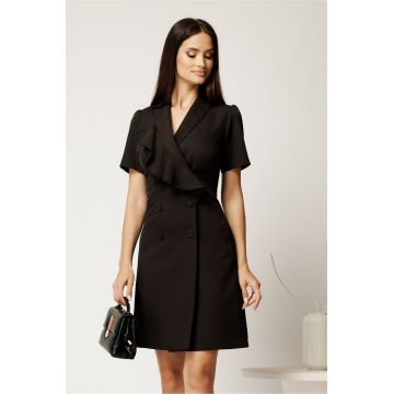 Rochie scurta neagra din stofa tip sacou cu volan si doua randuri de nasturi