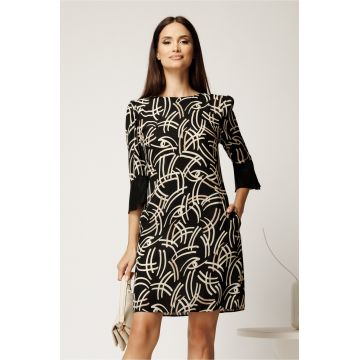 Rochie scurta neagra din voal cu imprimeu ivory si croi cambrat