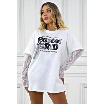 Rochie tricou ASLEY, din bumbac, cu maneci din dantela, ALB Pastel, Marime S/M