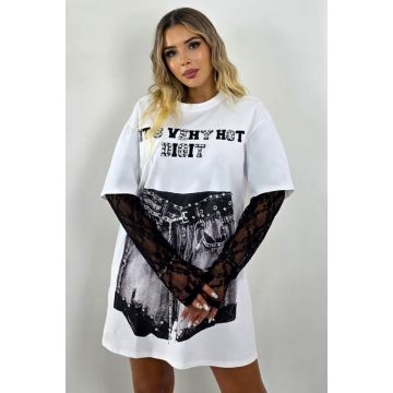 Rochie tricou ASLEY, din bumbac, cu maneci din dantela, Negru Jeans, Marime S/M