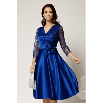 Rochie Azaleea midi albastra din tafta cu paiete la bust si funda maxi in talie
