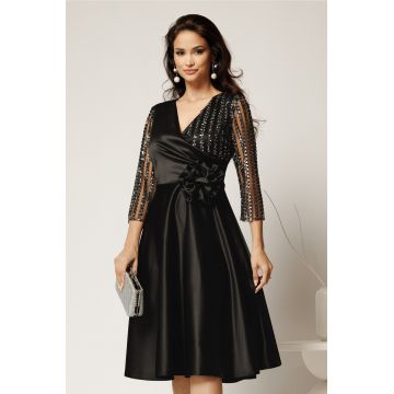 Rochie Azaleea midi neagra din tafta cu paiete la bust si funda maxi in talie