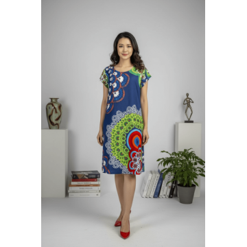 Rochie bleumarin din vascoza cu imprimeu multicolor