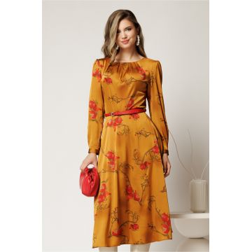 Rochie clos midi galben mustar cu imprimeu si curea in talie